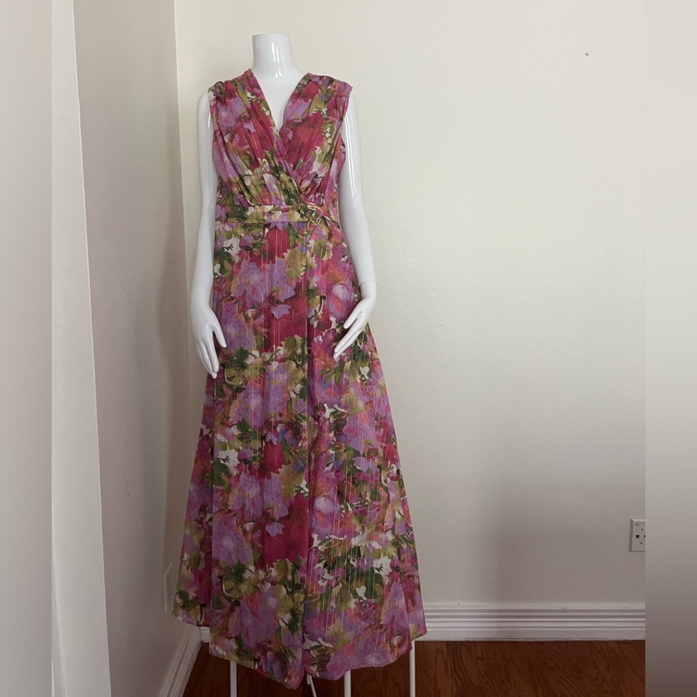 Elegant Floral Maxi Dress in Pink and Green